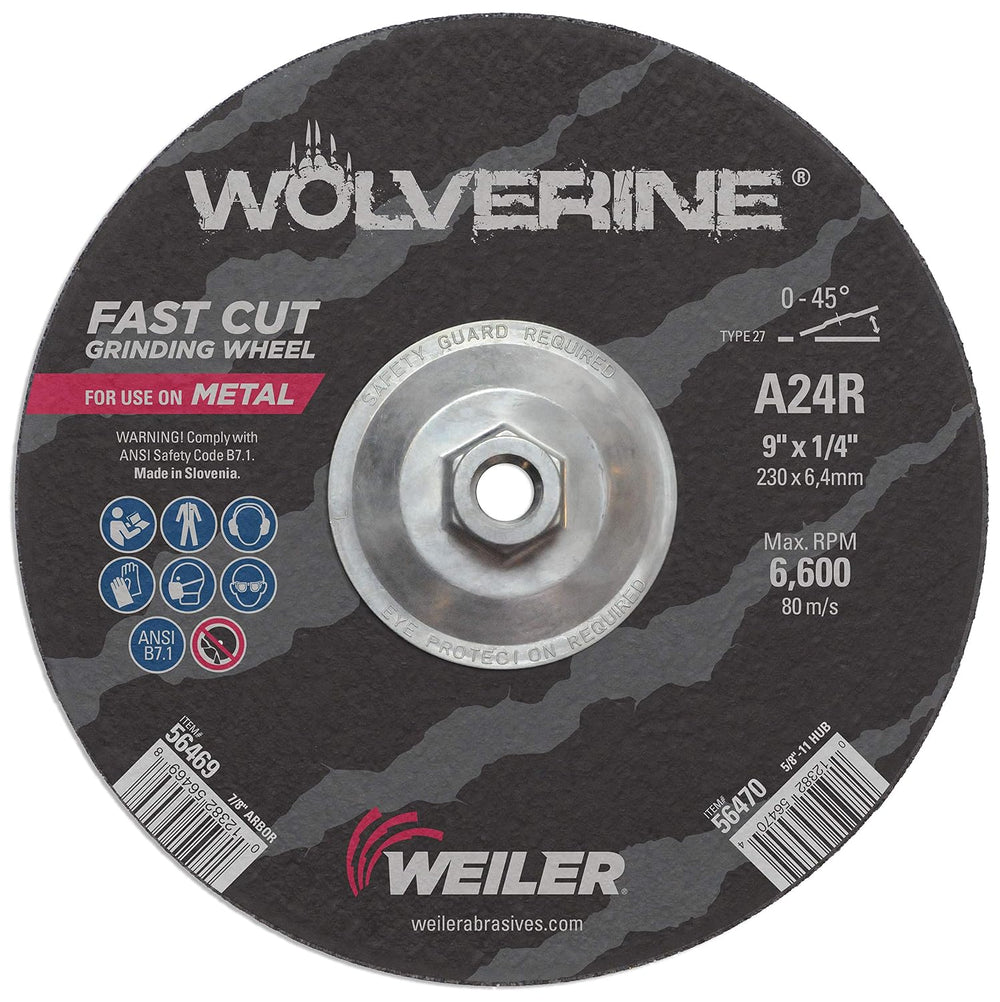 Weiler 56470 9" X 1/4" Wolverine Type 27 Grinding Wheel, A24R, 5/8&...