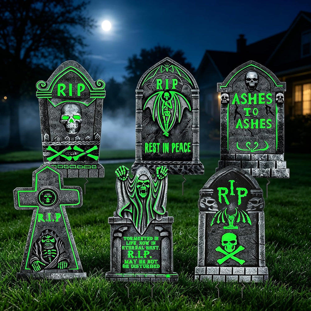 6 Pack Halloween Tombstone Decorations Glowing in The Dark, 25"x16"...