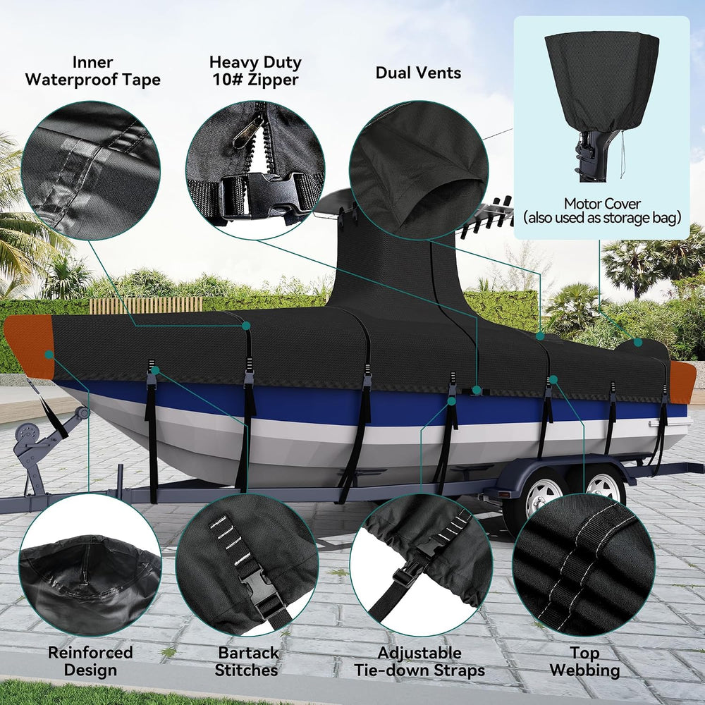 1200D Heavy-Duty 100% Waterproof T-Top Boat Cover 20-22ft Center Console