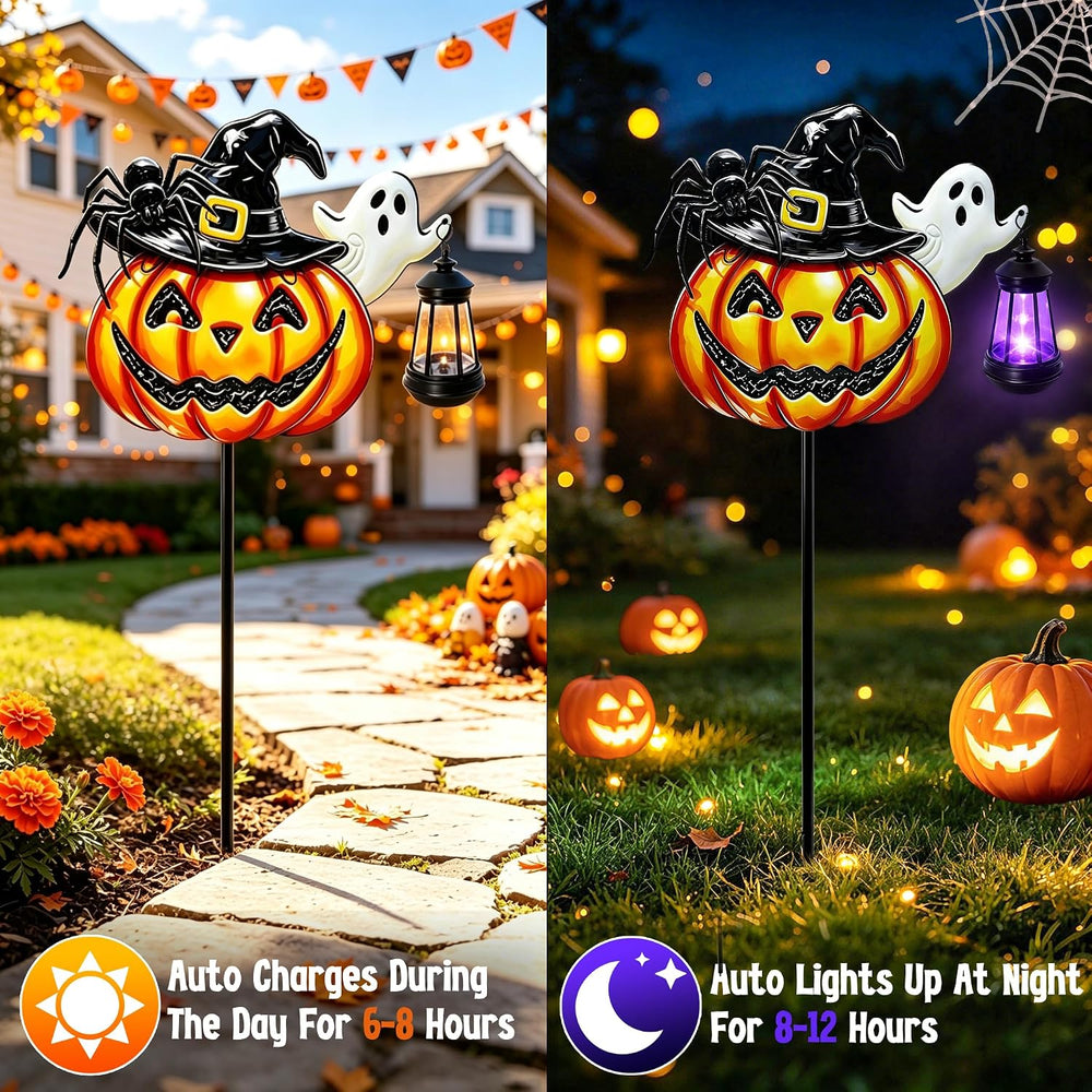 Halloween Decorations Outdoor Metal Solar Pumpkin Lights with Solar Lantern