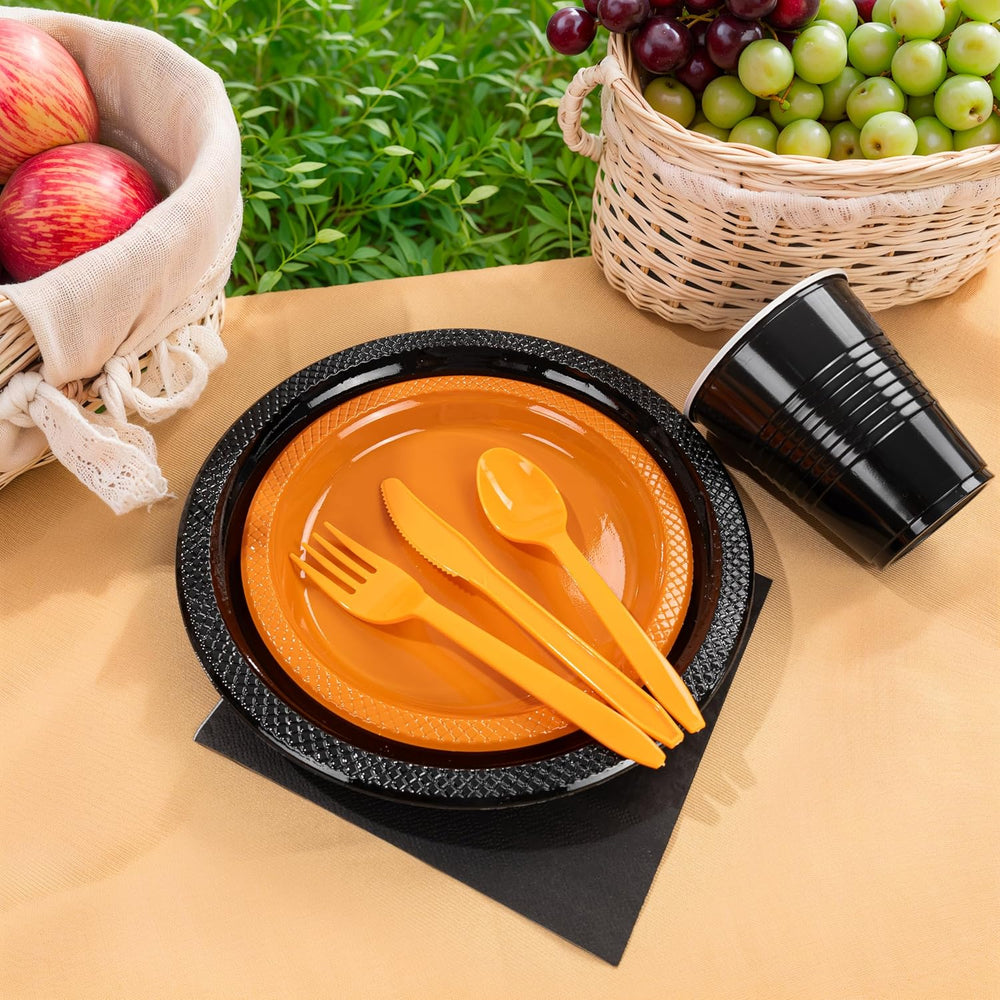 LUODA MirthMood 350PCS black and orange Plastic Plates,Black Disposable Plate...