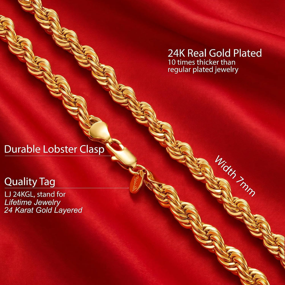 LIFETIME JEWELRY 7mm Gold Rope Chain for Men Women - Diamond Cut 24k Real Gol...