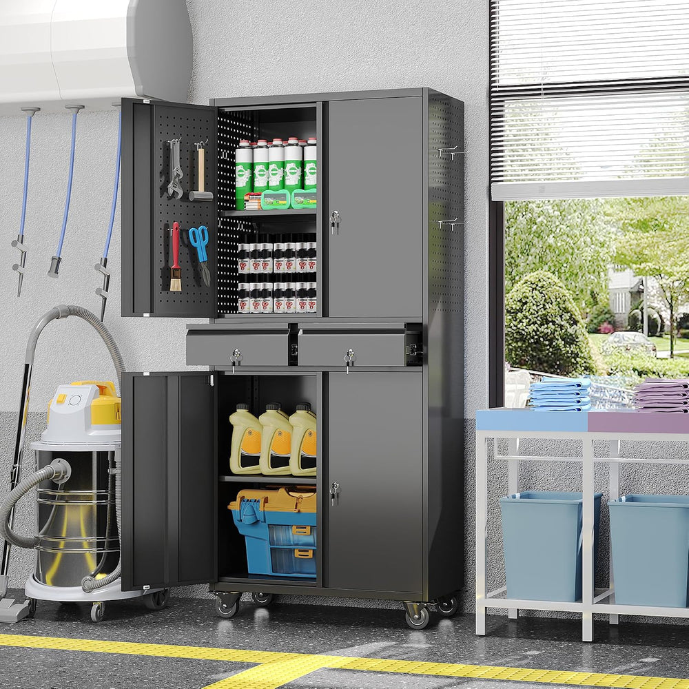 71-Inch Garage Storage Cabinet with 2 Drawers, Wheels and Pegboard