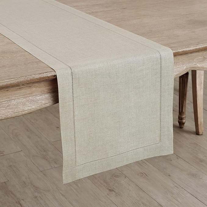 Solino Home Linen Natural Table Runner 60 Inches - Classic Hemstitch, 100% Pu...