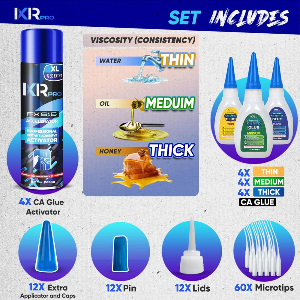 CA Glue with Activator 12x Thin Medium Thick Glue Kit 4X 16.9oz Accelerator