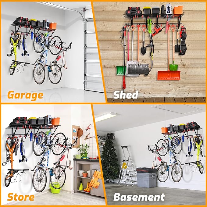 PLKOW Garage Wall Shelving Includes Bike Hooks, Sturdy Adjustable Garage