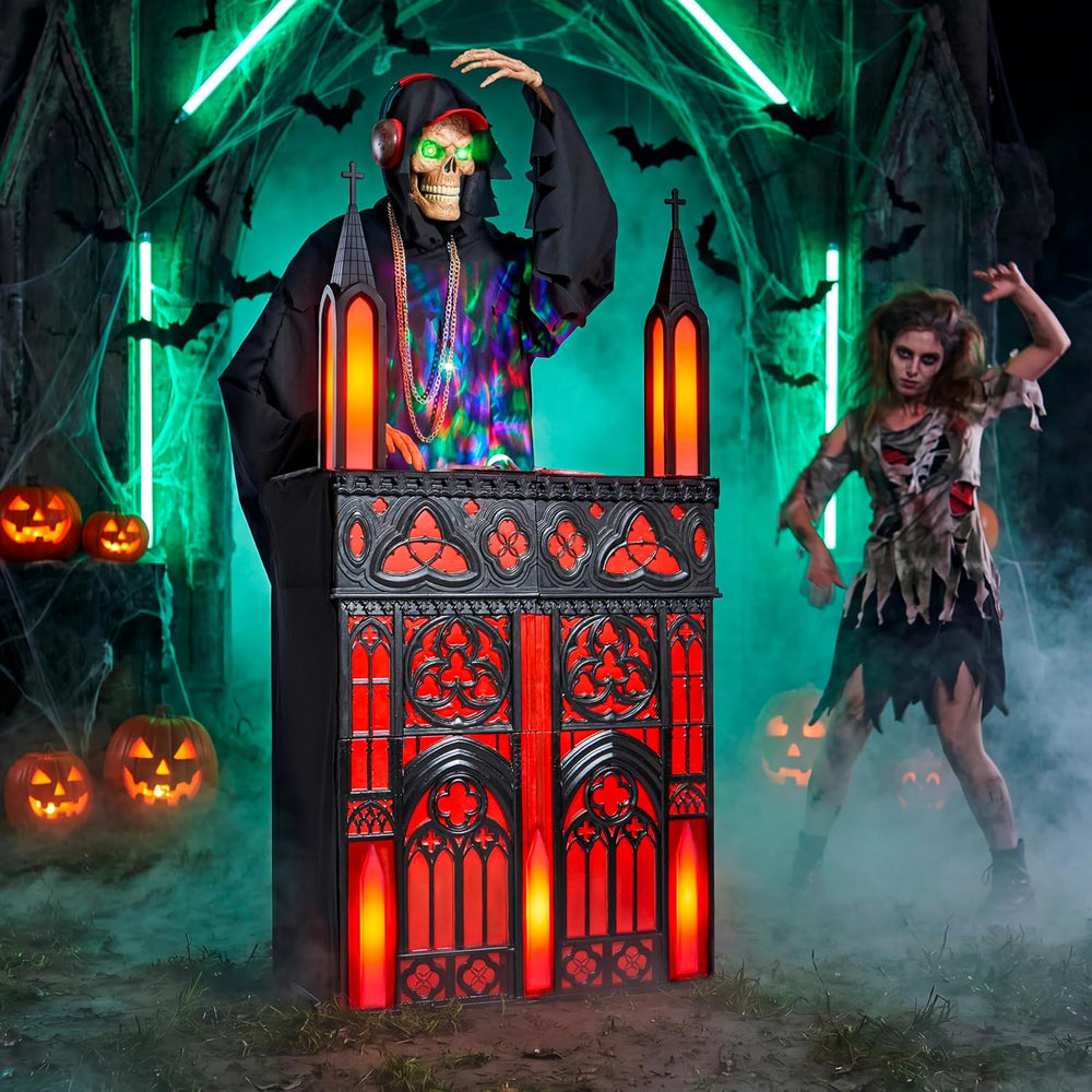JOYIN 6ft Halloween Animatronic DJ Reaper Decorations, Outdoor Life-Size Goth...
