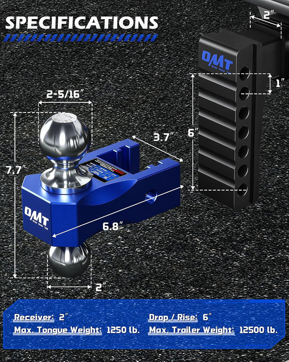 OMT Adjustable Trailer Hitch, 2 Inch Receiver, 12500 LBS Drop Hitch