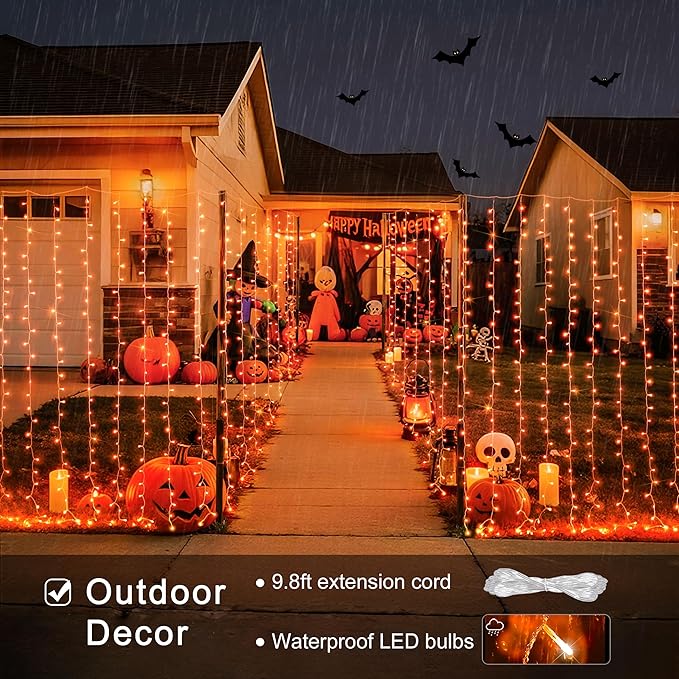JMEXSUSS 300LED Orange Halloween Lights with Remote, 9.8x9.8ft Halloween Curt...