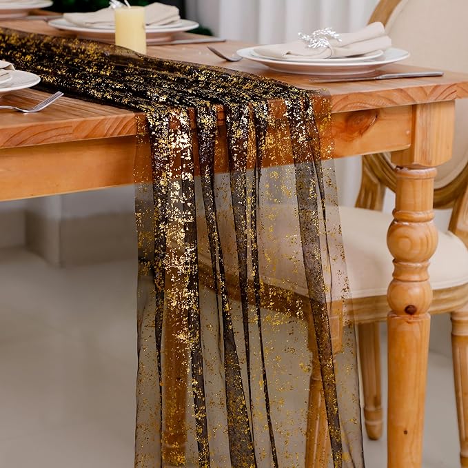 Snowkingdom 6 Pcs Black & Gold Cheesecloth Table Runner 10 FT, Sheer Chif...