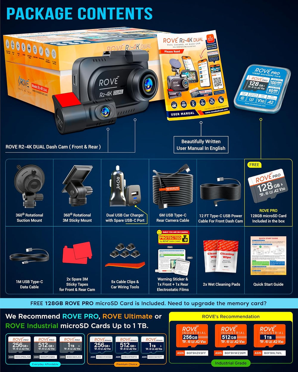 ROVE R2-4K Dual Dash Cam Front and Rear, STARVIS 2 Sensor, Free 128GB Card