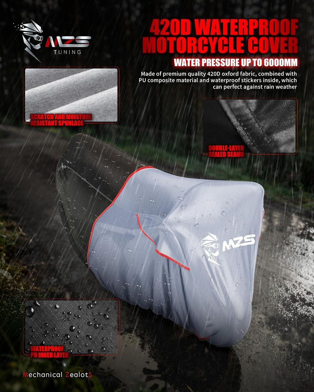 MZS Motorcycle Cover Waterproof Outdoor, Heavy Duty All Season Weather Sun Pr...