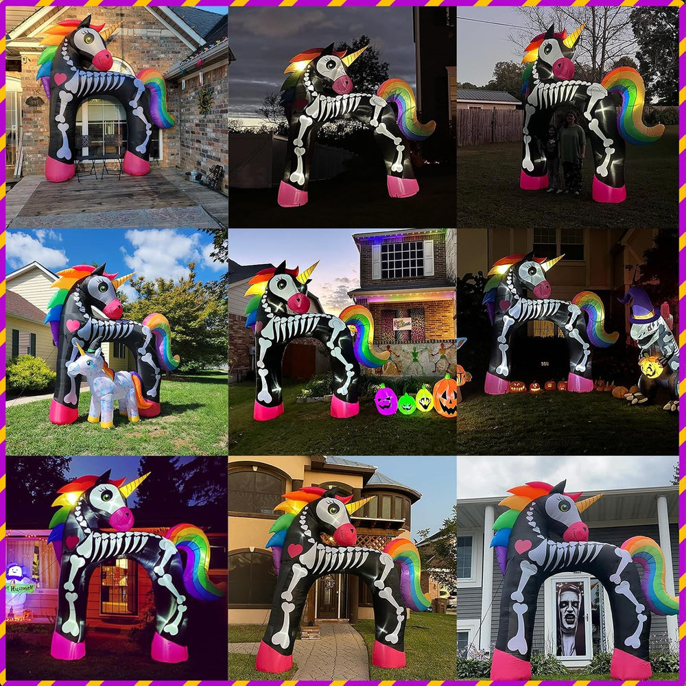 11FT Giant Halloween Inflatables Arch, Rainbow Skeleton Unicorn Decoration