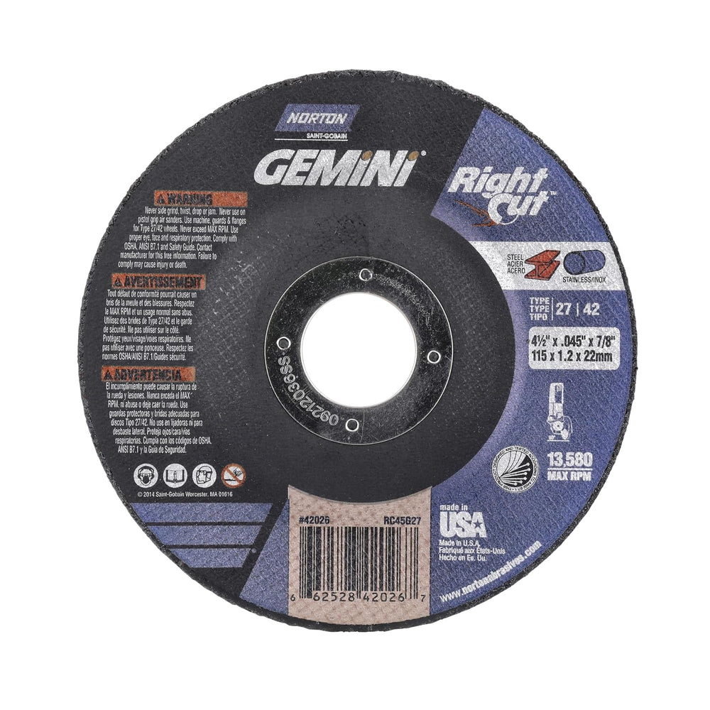 Norton 4-1/2 Inch Gemini Cut-Off Wheels for Right Angle Grinder, Durable Cutt...