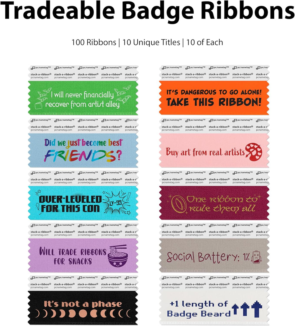 3.5 Inch Con Culture Badge Ribbons, 100 Pack, 10 Popular Phrases