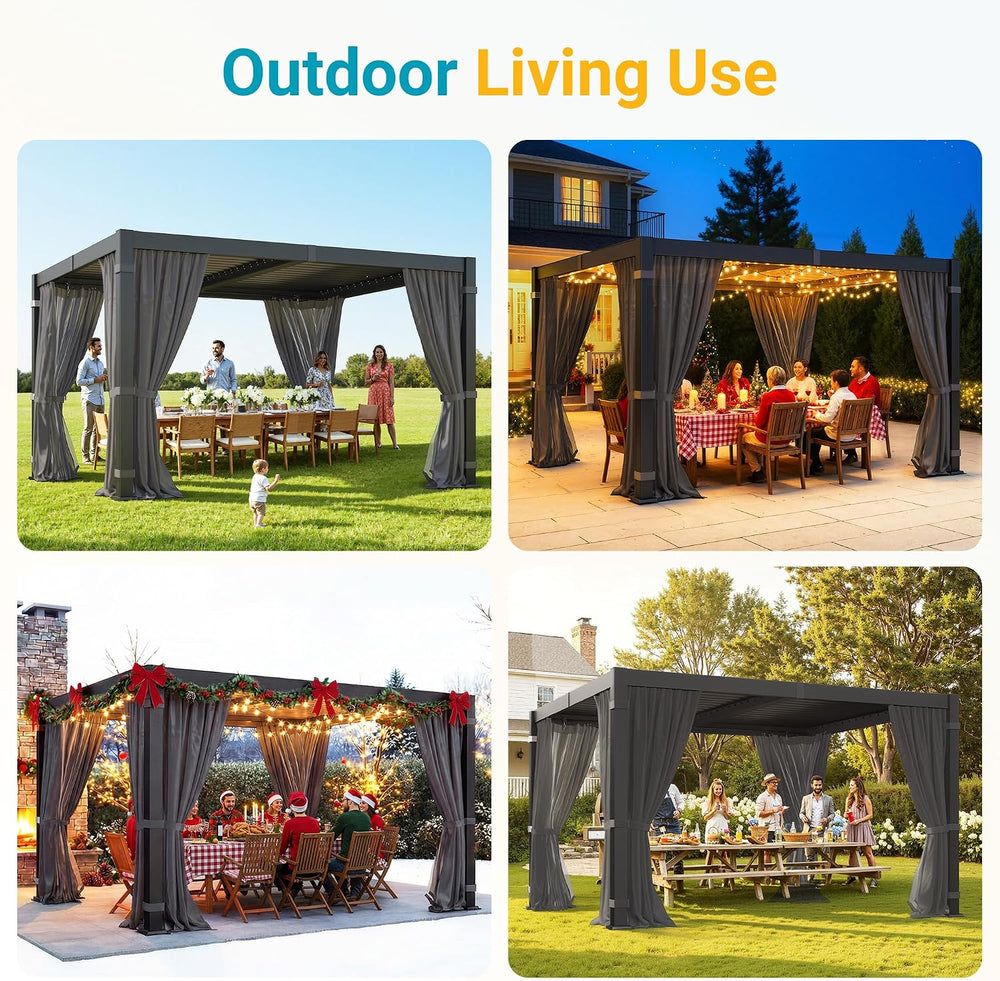 10' x 12' Pergola with Curtain & Adjustable Roof & Aluminum F...
