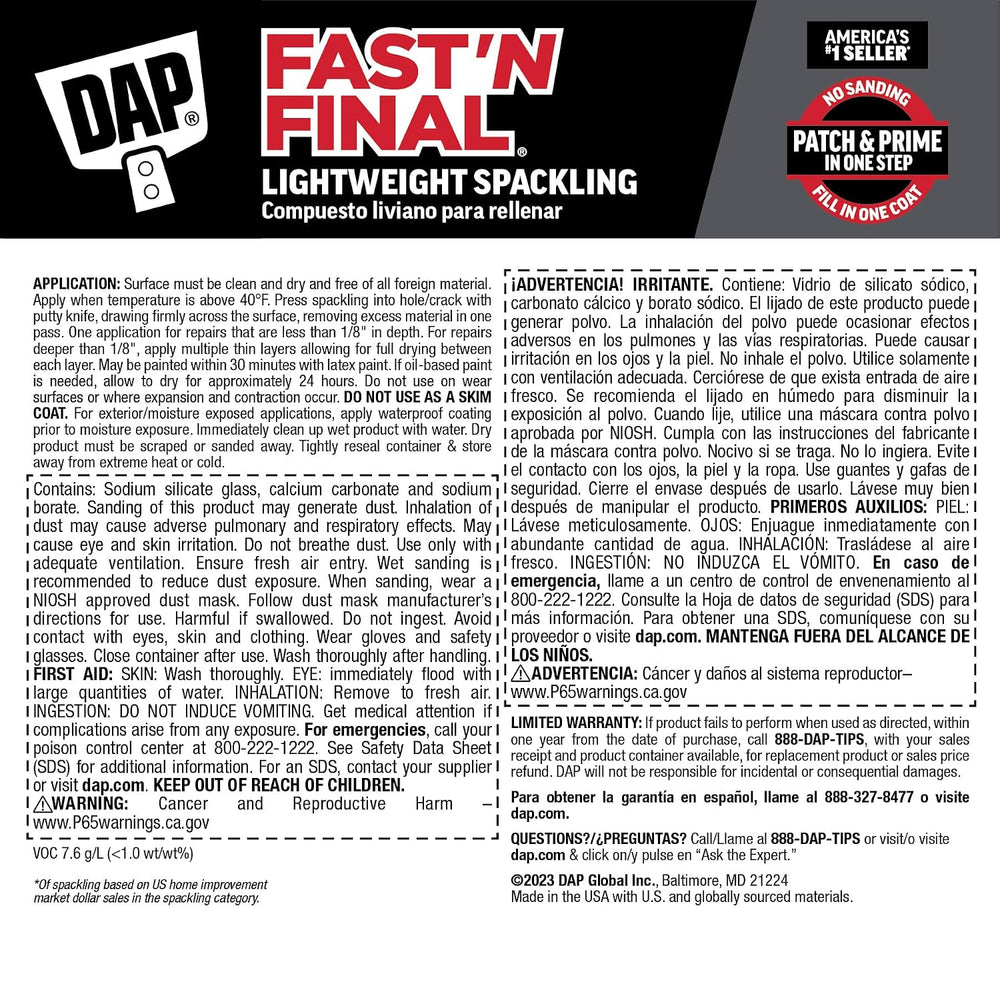 DAP Fast'N Final Lightweight Spackling, 1 gal, White