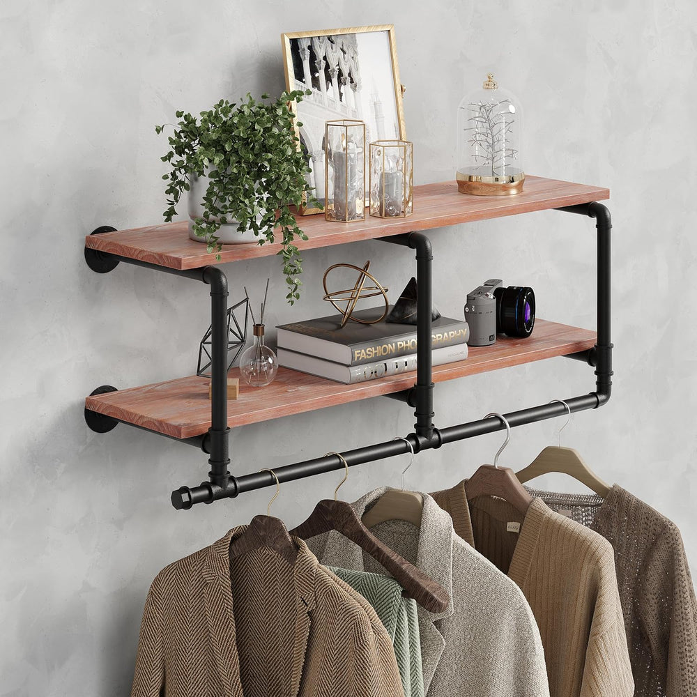 Industrial Pipe Clothing Rack with Top Shelf, Space-Saving Wall Mounted Cloth...