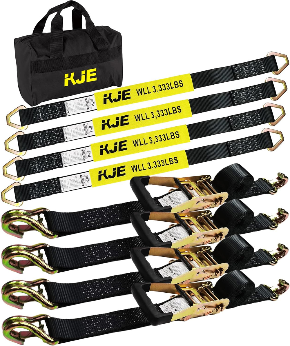 KJE Heavy Duty Car Trailer Tie Down Straps 4 Pack Kit - 2" x 8' Ratc...