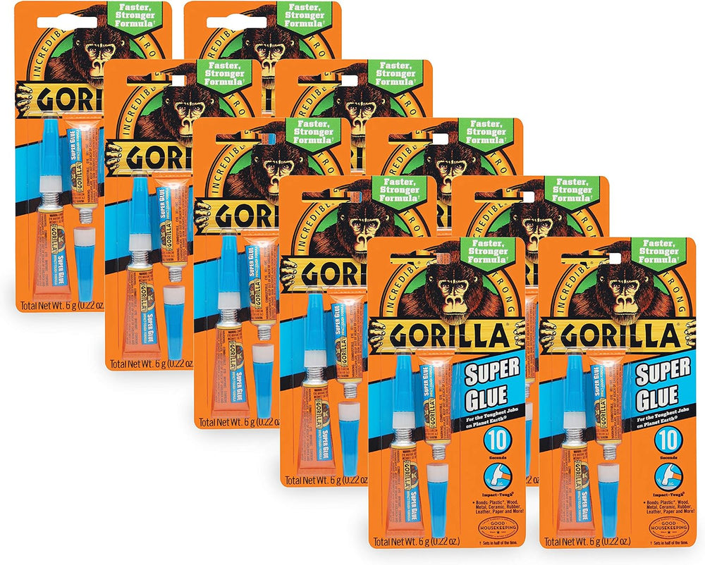 Gorilla Super Glue, Two 3 Gram Tubes, Clear, (Pack of 10)