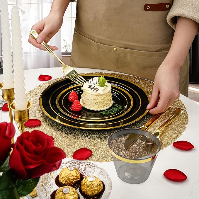 BESTVIP 350PCS Black Gold Dinnerware Set for 50 Guests, Plastic Plates for Ha...