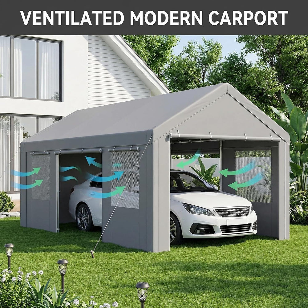 12x20 FT Heavy Duty Carport with Galvanized Frame, Gray