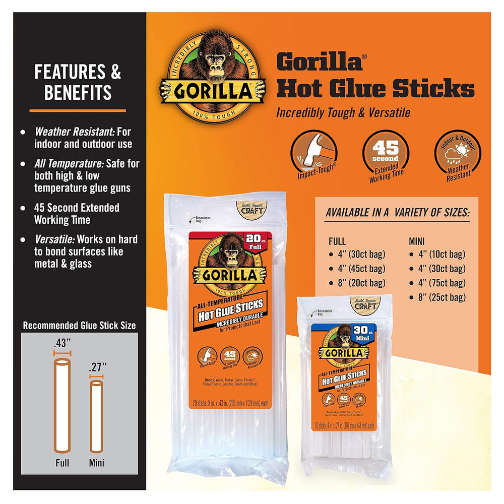 Gorilla Hot Glue Sticks, Clear Glue, Full Size 8" Long x 0.43" Diam...