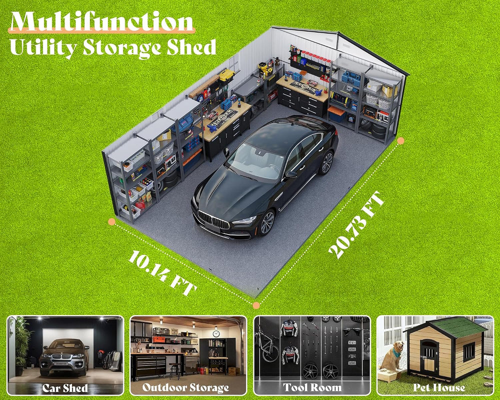AMERLIFE 10x21x7.3 FT Garage Shed with 3 Lockable Doors & Reinforced Frame