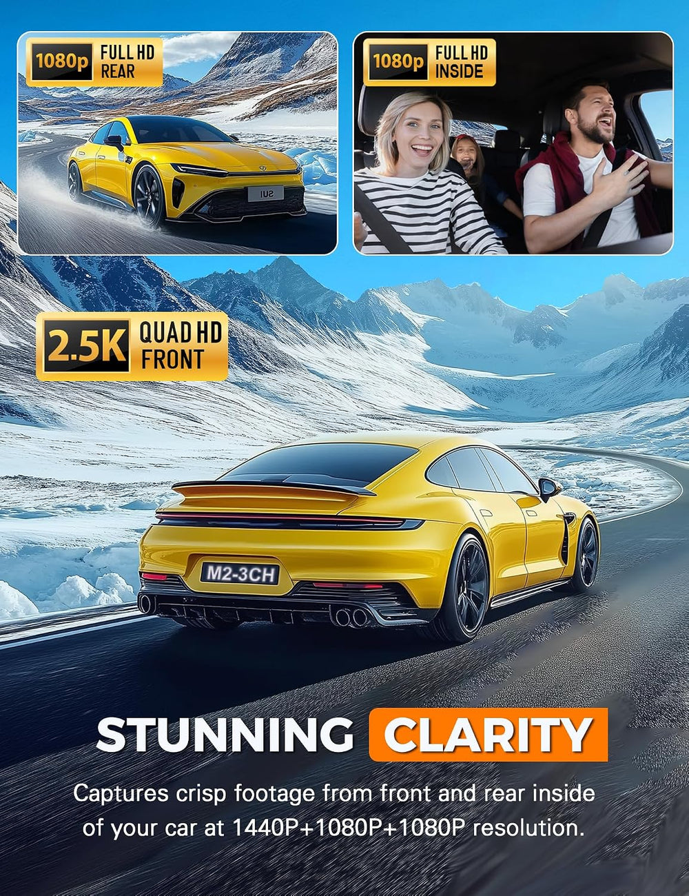 2.5K 3 Channel Dash Cam Front and Rear Inside with WiFi, 2' IPS Screen