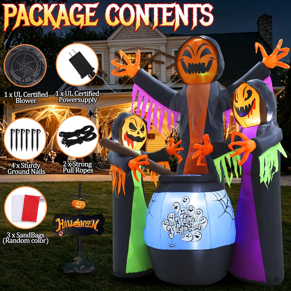 8FT Halloween Inflatables Three Witch Around Cauldron with Light Yard Decor