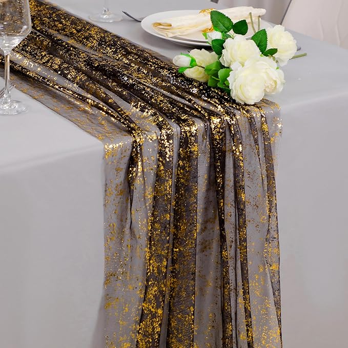Snowkingdom 6 Pcs Black & Gold Cheesecloth Table Runner 10 FT, Sheer Chif...