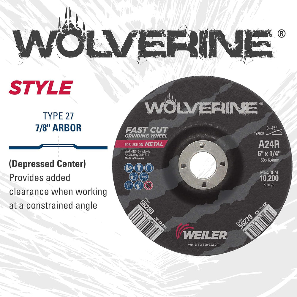 Weiler 56280 6" X 1/4" Wolverine Type 27 Grinding Wheel, A24R, 7/8&...