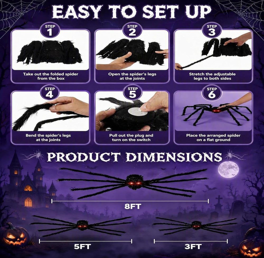 8Ft Giant Hairy Black Spider with Glowing Eyes, 3 Packs(8Ft+5Ft+3Ft) Hallowee...