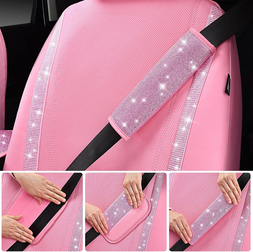 CAR PASS 24 PCS Pink Bling Diamond Accessories Set for Women, Leather Seat Co...