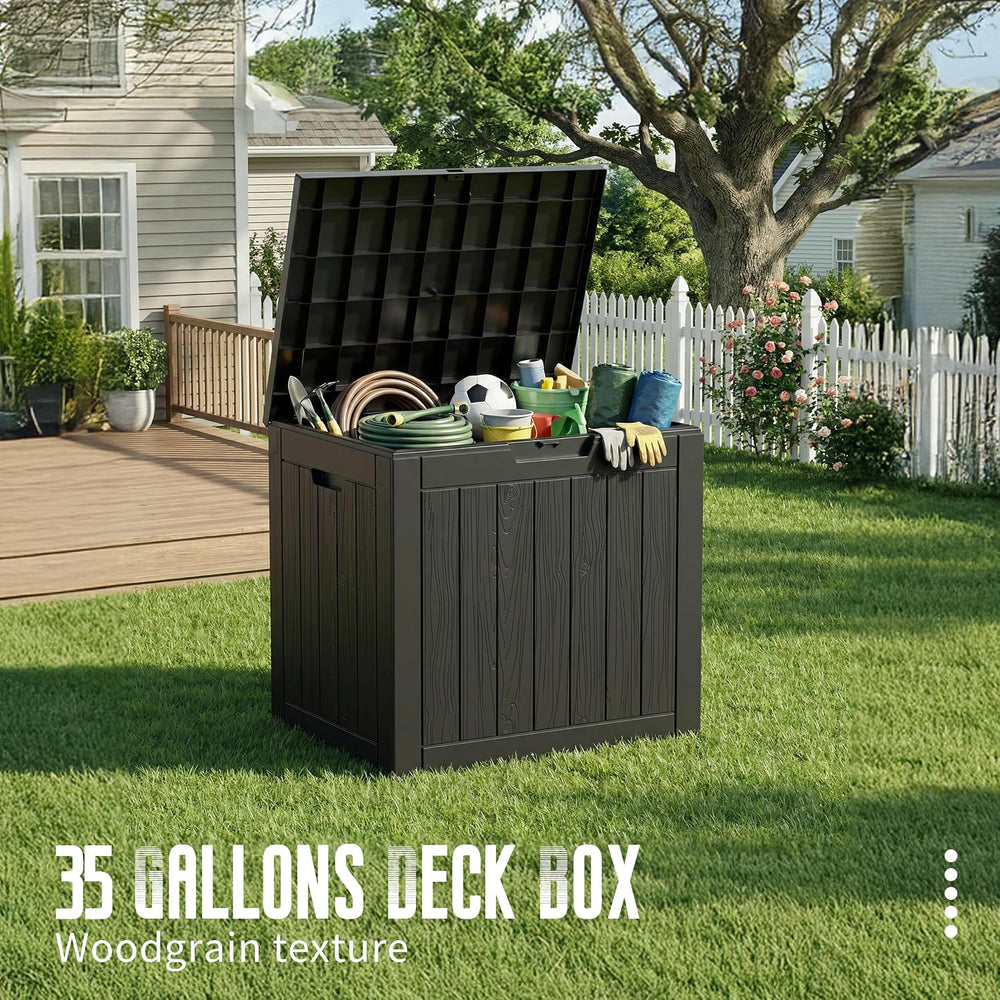 DRATO 35 Gallon Outdoor Storage Box Waterproof, Resin Small Deck Box, Black