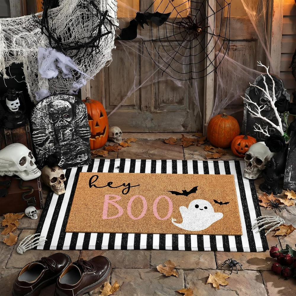 Duraaamo 2 Pcs Halloween Door Mat Outdoor, Ghost Pink Boo Style, Non Slip