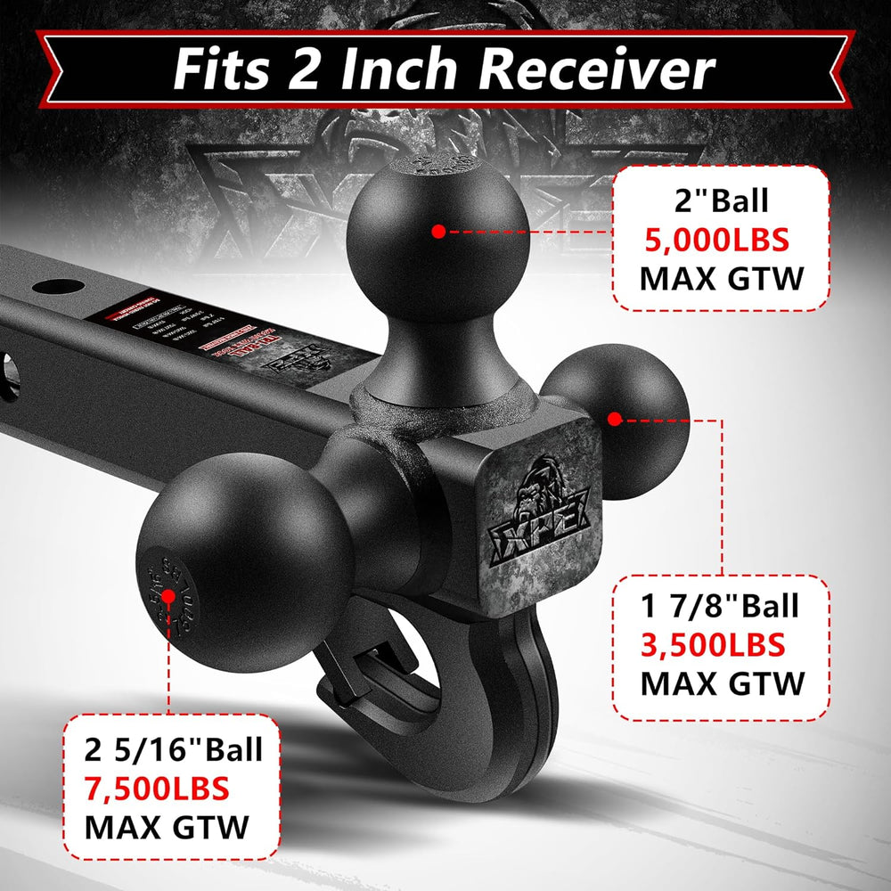 XPE Tri Ball Trailer Hitch Mount with Hook Fits 2 Inch Receiver Matte Black