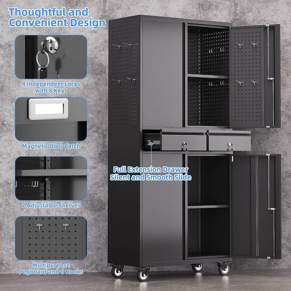 71-Inch Garage Storage Cabinet with 2 Drawers, Wheels and Pegboard