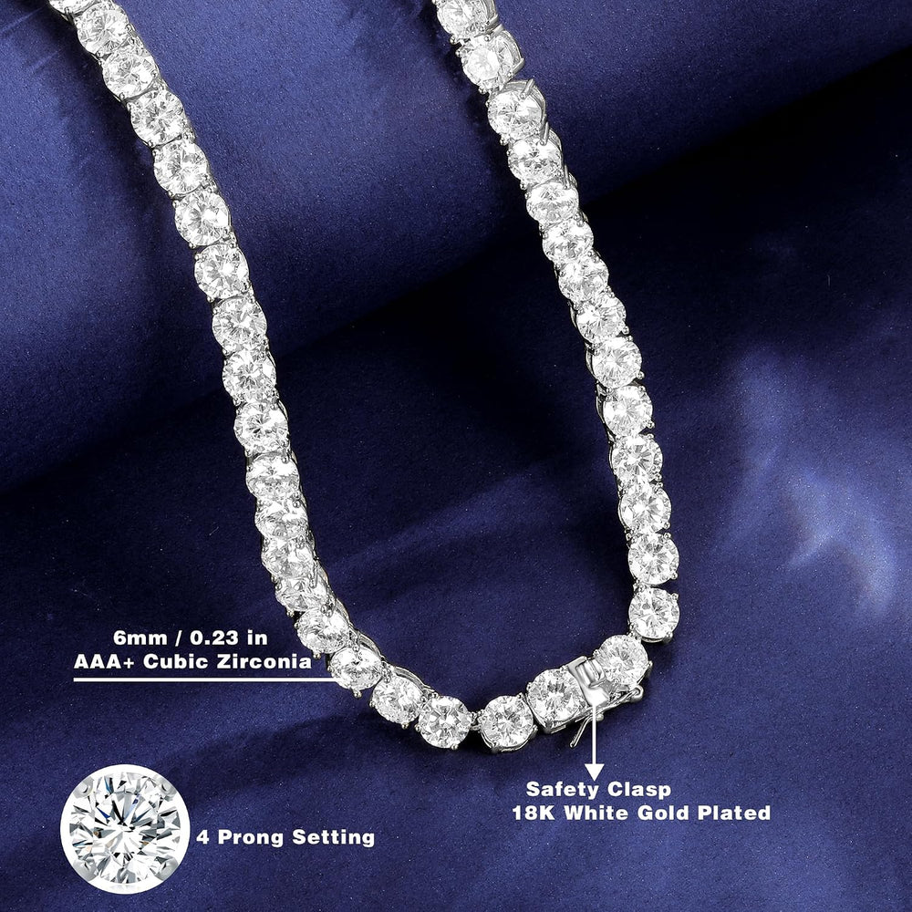 Gemsme 6mm Tennis Necklaces for Women/Men - 18K White/Yellow Gold Plated Roun...