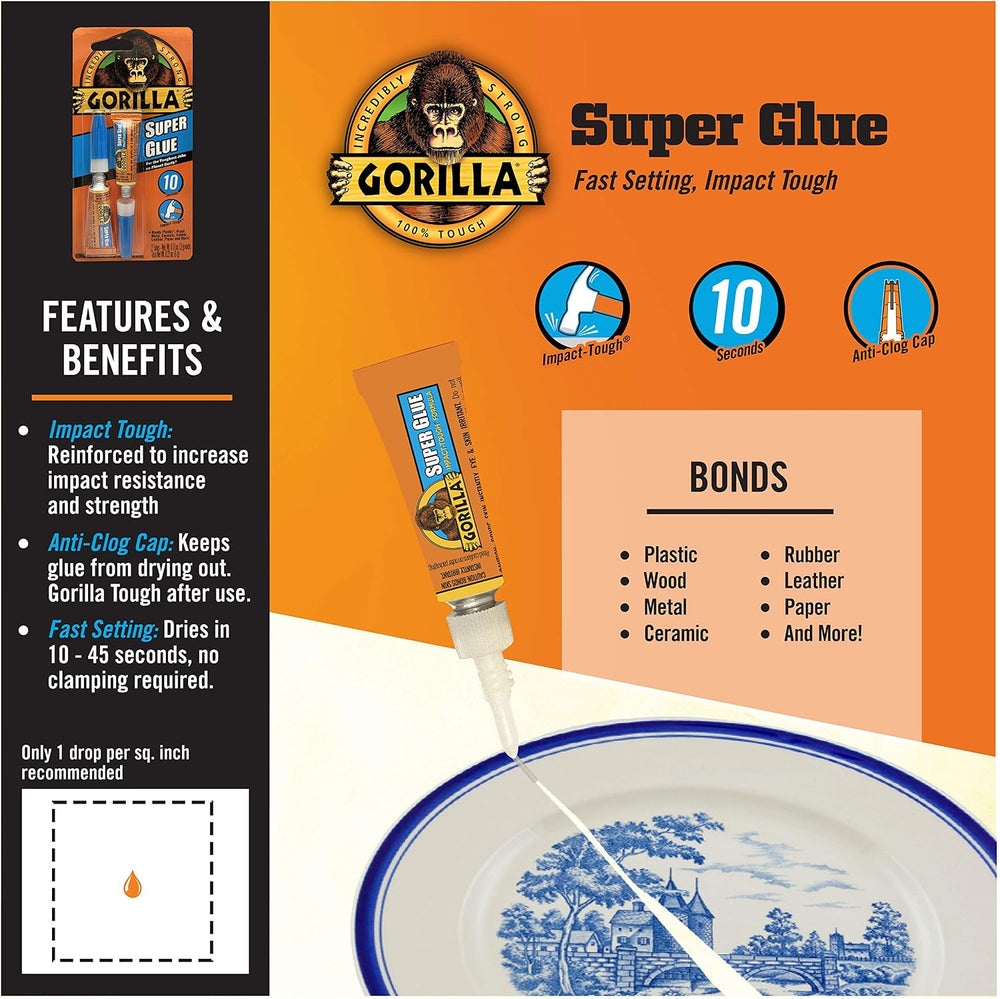 Gorilla Super Glue, Two 3 Gram Tubes, Clear, (Pack of 10)