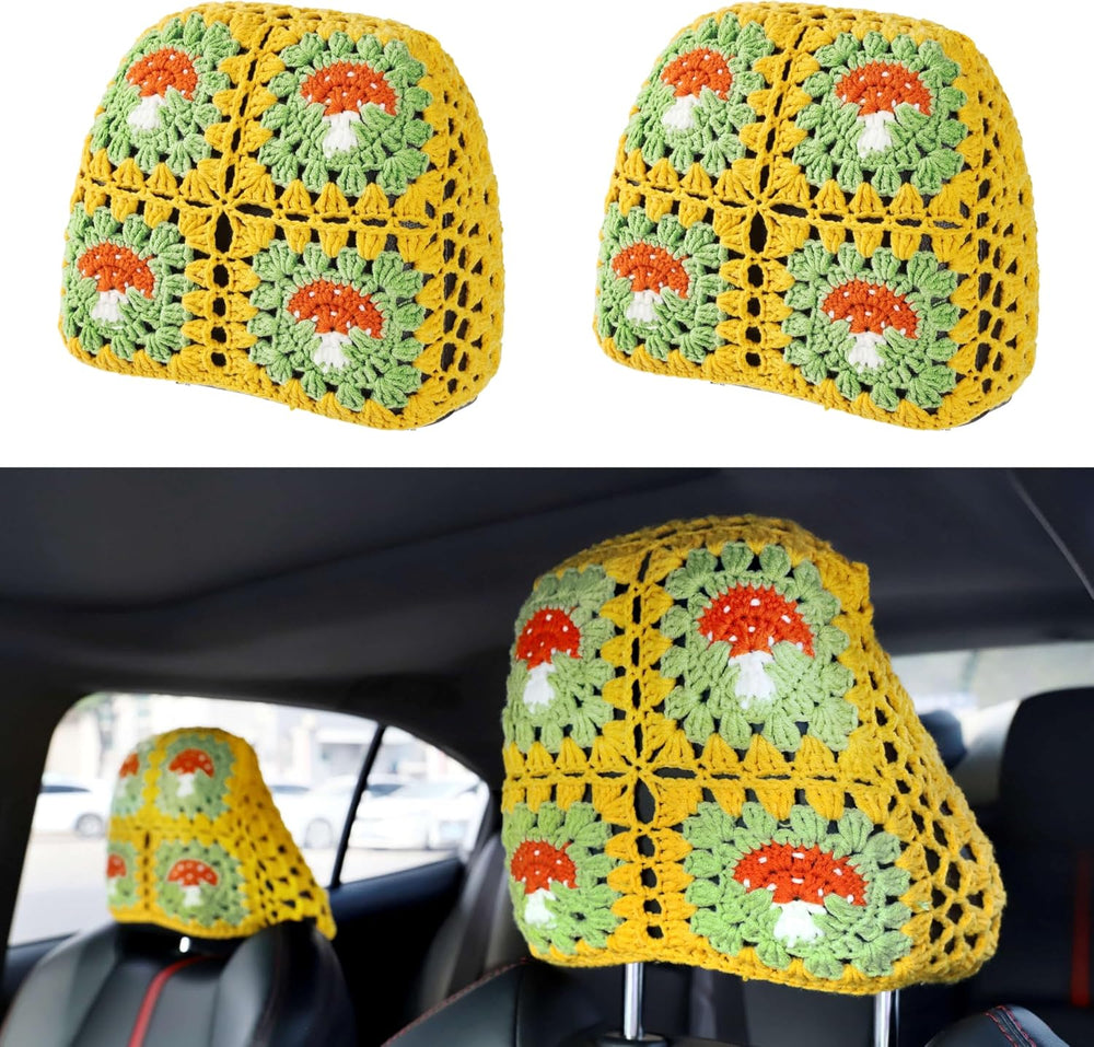 2PCS Crochet Seat Headrest Cover,Car Head Rest Protector,Cute Mushroom Car Ac...