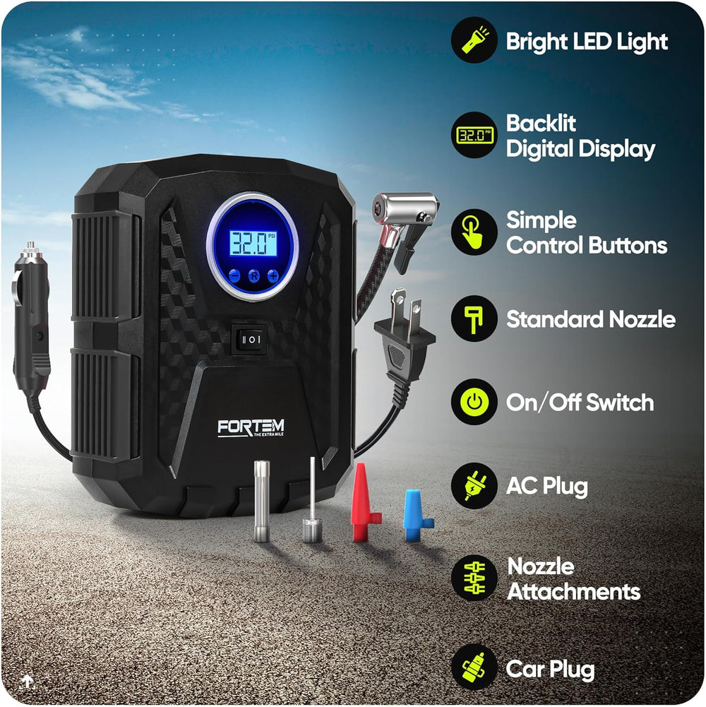 FORTEM Tire Inflator Portable Air Compressor - Air Pump for Tires & Bikes