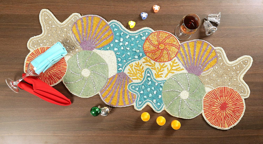 Lightnpro Seashell Hand Beaded Needlework Decorative Orange Blue Table Runner...